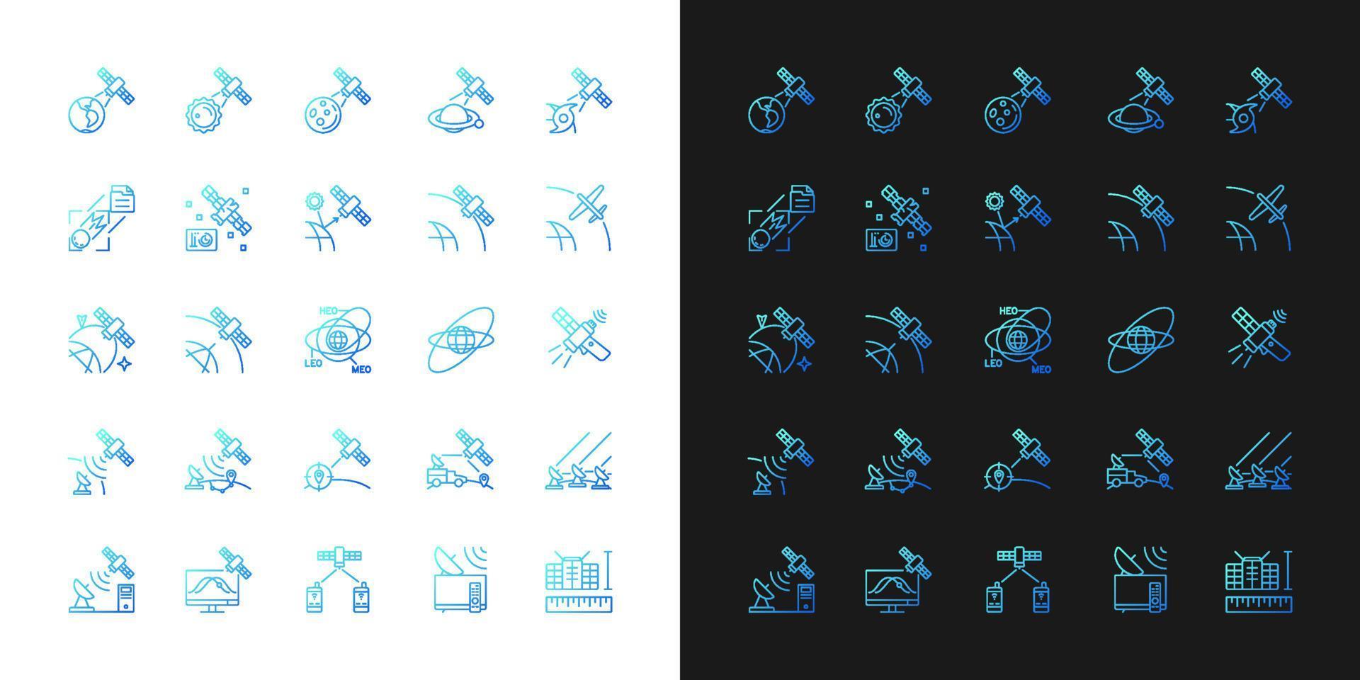 Satellites types gradient icons set for dark and light mode. Thin line contour symbols bundle. Isolated vector outline illustrations collection on black and white