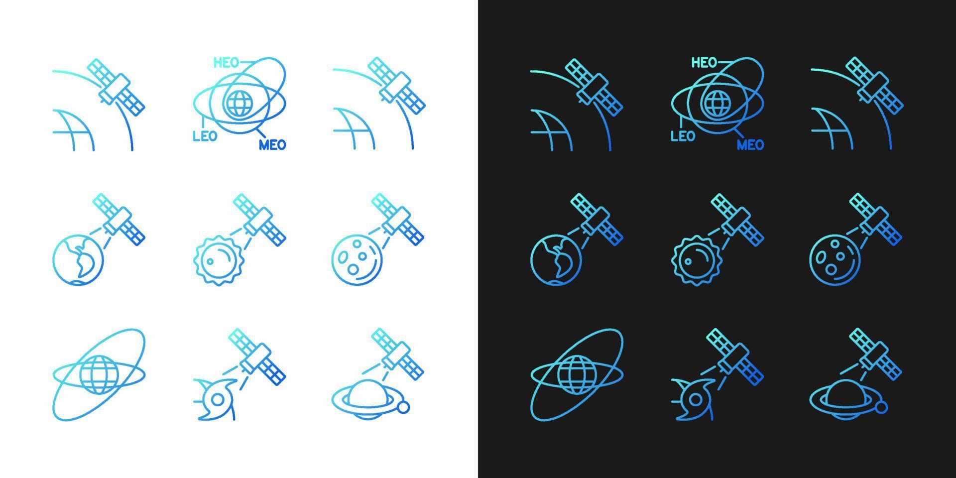Satellites functions gradient icons set for dark and light mode. Thin line contour symbols bundle. Isolated vector outline illustrations collection on black and white