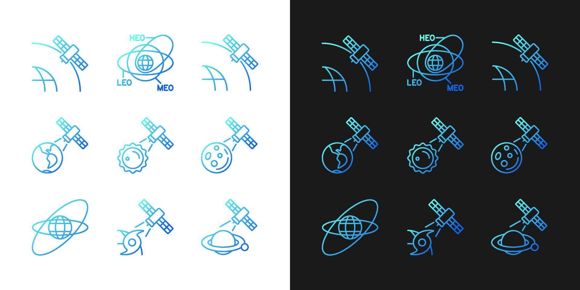 iconos de degradado de funciones de satélites establecidos para modo oscuro y claro. paquete de símbolos de contorno de línea delgada. colección de ilustraciones de contorno vectorial aislado en blanco y negro vector