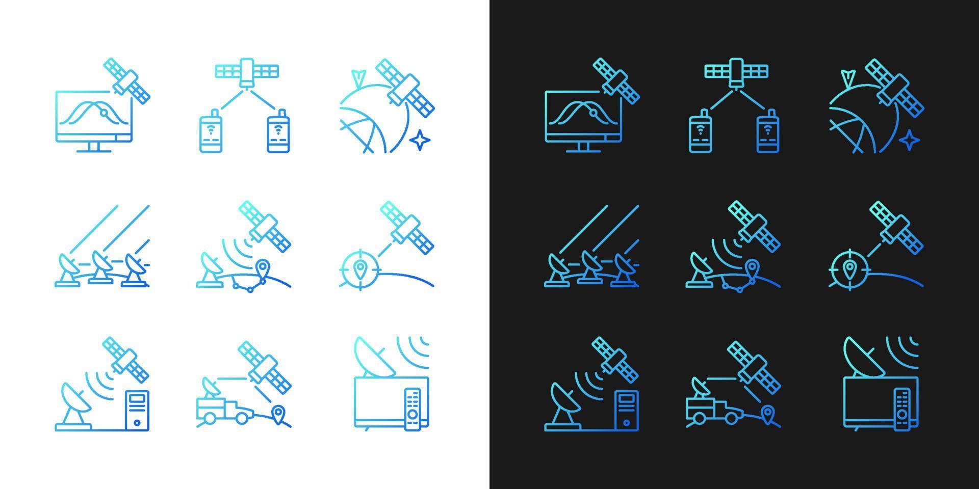 Artificial satellites gradient icons set for dark and light mode. Thin line contour symbols bundle. Isolated vector outline illustrations collection on black and white