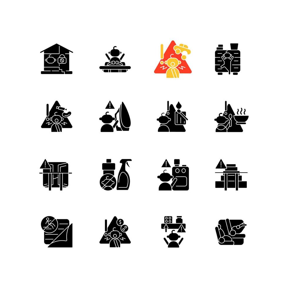 Child safety black glyph icons set on white space. Baby security precautions. Injuries and poisoning prevention. Keep away hazard things from kids. Silhouette symbols. Vector isolated illustration