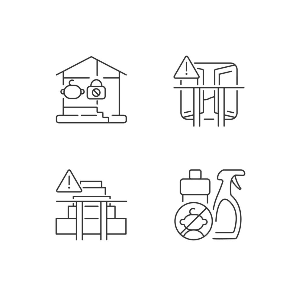 Safety precaution at home linear icons set. Falling, poisoning prevention. Keep chemical away from kids. Customizable thin line contour symbols. Isolated vector outline illustrations. Editable stroke