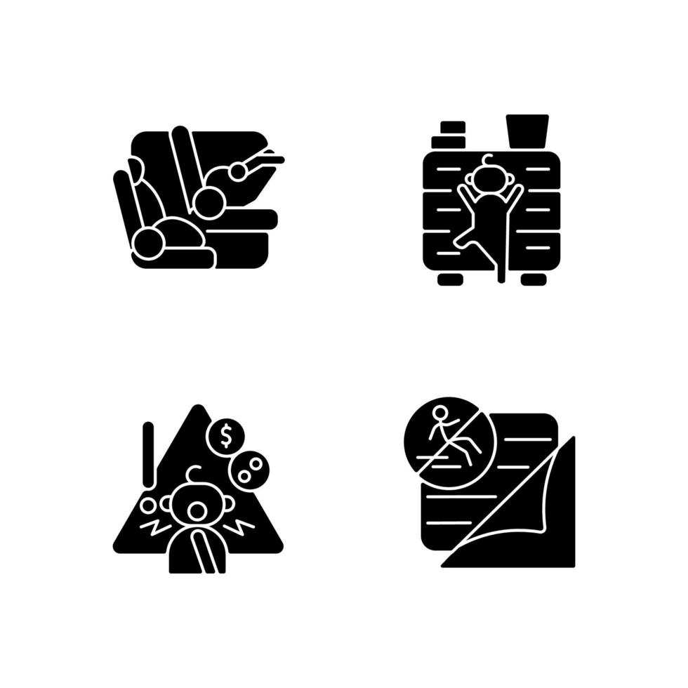 Accidents prevention black glyph icons set on white space. Falling and choking precaution. Child safety. Car seat and belt to protect kid in car. Silhouette symbols. Vector isolated illustration