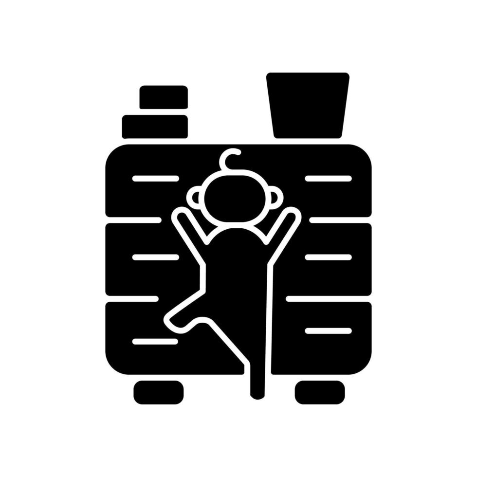 Child climbing on furniture black glyph icon. Child safety at home. Risk of concussion and broken limb. Accident precaution. Silhouette symbol on white space. Vector isolated illustration