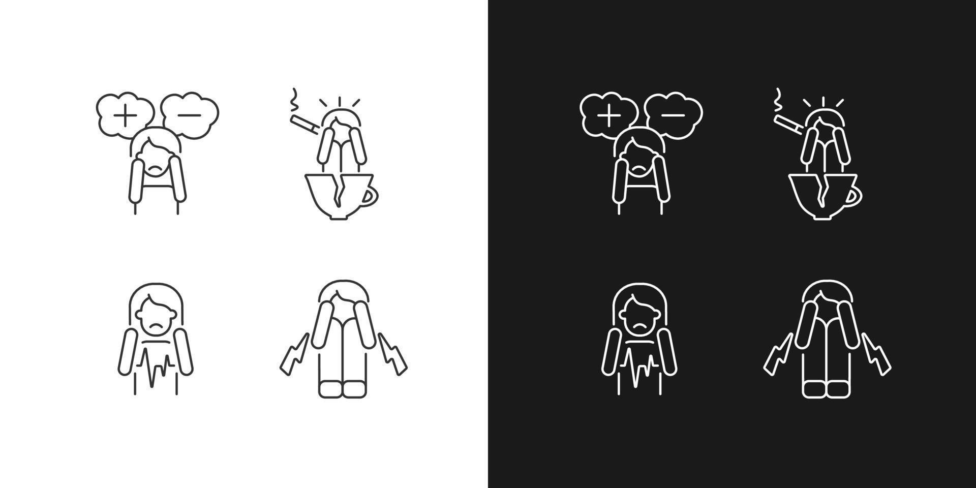 Physical symptoms of anxiety linear icons set for dark and light mode. Heart palpitation. Indecisive person. Customizable thin line symbols. Isolated vector outline illustrations. Editable stroke