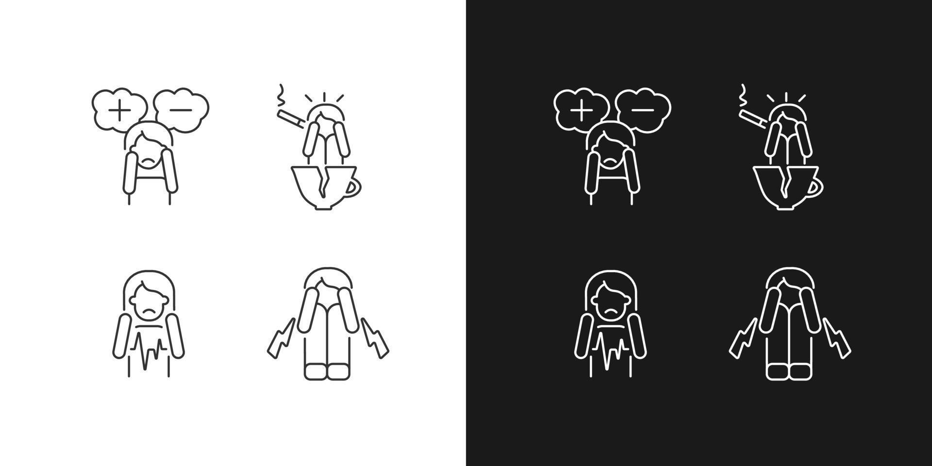 Physical symptoms of anxiety linear icons set for dark and light mode. Heart palpitation. Indecisive person. Customizable thin line symbols. Isolated vector outline illustrations. Editable stroke