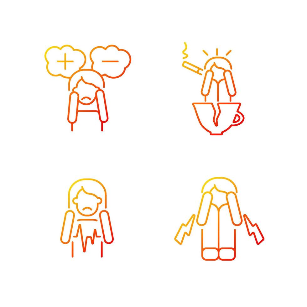 Physical symptoms of anxiety gradient linear vector icons set. Indecisive person. Stimulants trigger panic episode. Thin line contour symbols bundle. Isolated outline illustrations collection