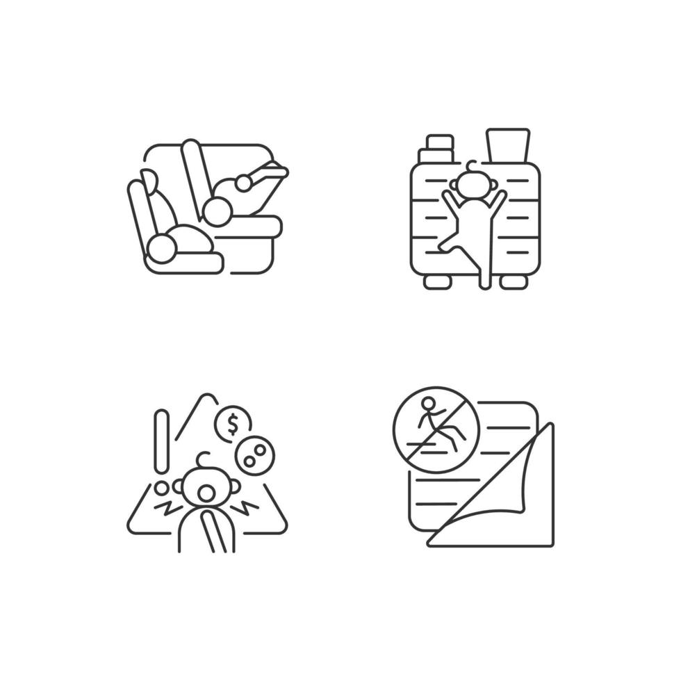 Accidents prevention linear icons set. Falling precaution. Car seat and belt to protect kid in car. Customizable thin line contour symbols. Isolated vector outline illustrations. Editable stroke