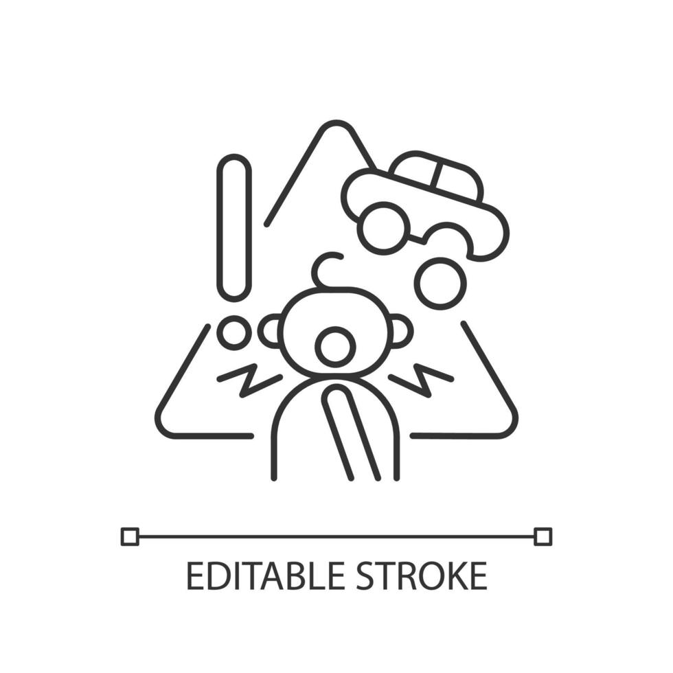 Choking hazard toys linear icon. Child safety at home. Age restrictions for kids. Thin line customizable illustration. Contour symbol. Vector isolated outline drawing. Editable stroke