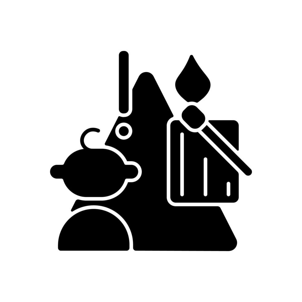 Child and matches and candles black glyph icon. Kid playing with matches. Do not let children play with candle flame. Fire prevention. Silhouette symbol on white space. Vector isolated illustration