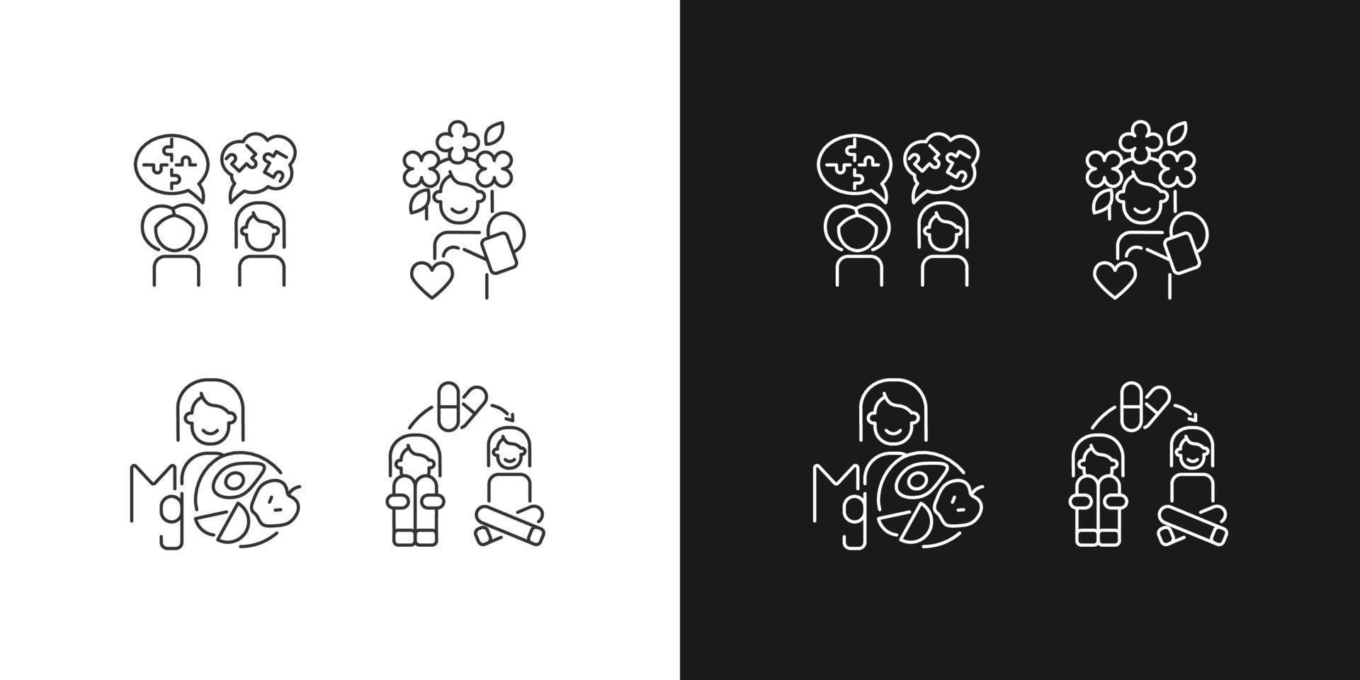 Mental disorders treatment linear icons set for dark and light mode. Depression therapy. Psychotherapy. Customizable thin line symbols. Isolated vector outline illustrations. Editable stroke