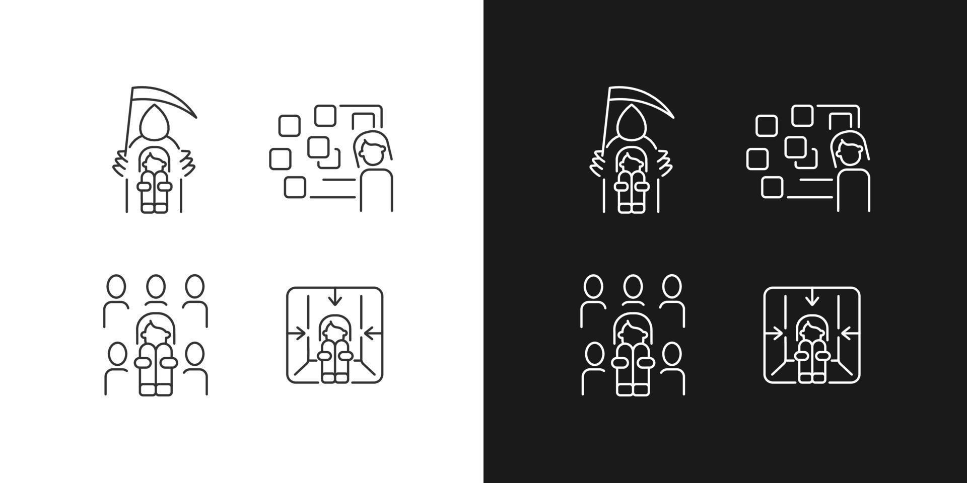 Fears and phobias linear icons set for dark and light mode. Fear of crowd, death. Panic attack, mental disorder. Customizable thin line symbols. Isolated vector outline illustrations. Editable stroke