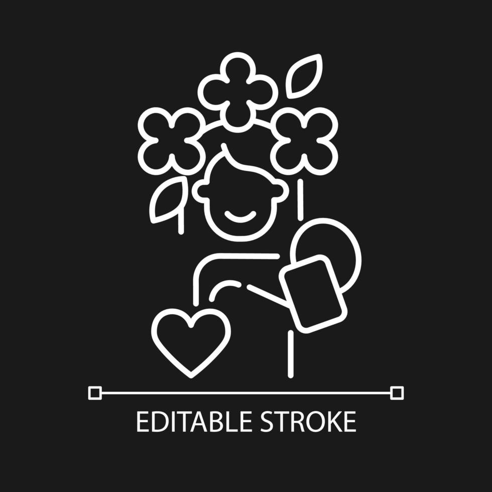 Self acceptance white linear icon for dark theme. Self care and positive thinking. Mental disorders. Thin line customizable illustration. Isolated vector contour symbol for night mode. Editable stroke