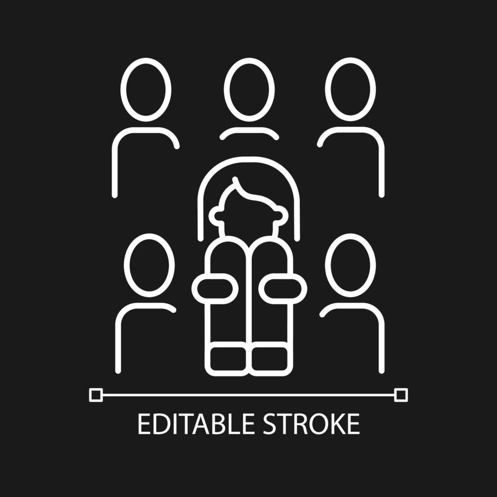 Enochlophobia white linear icon for dark theme. Irrational fear of crowd. Psychotherapy treatment. Thin line customizable illustration. Isolated vector contour symbol for night mode. Editable stroke