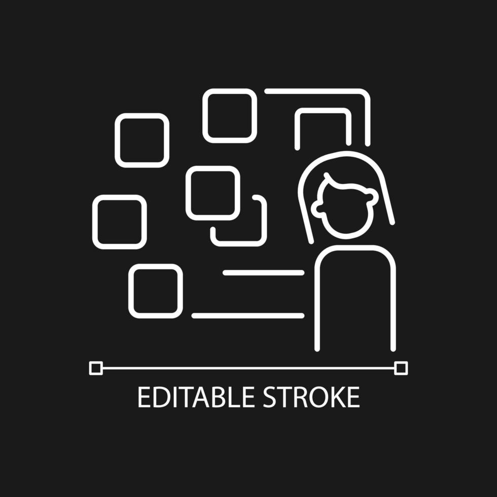 Derealization white linear icon for dark theme. Symptom of panic attack. Mental disorder signs. Thin line customizable illustration. Isolated vector contour symbol for night mode. Editable stroke
