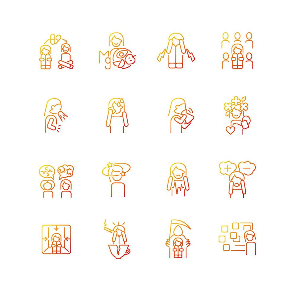 Panic disorder gradient linear vector icons set. Symptoms and treatment. Anxiety and panic attack. Mental problems. Thin line contour symbols bundle. Isolated outline illustrations collection