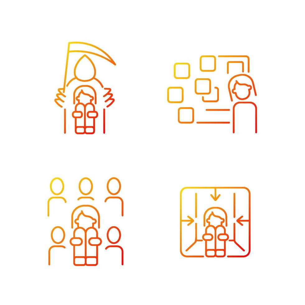 Fears and phobias gradient linear vector icons set. Depersonalization due to awe. Panic attack and mental disorder. Thin line contour symbols bundle. Isolated outline illustrations collection