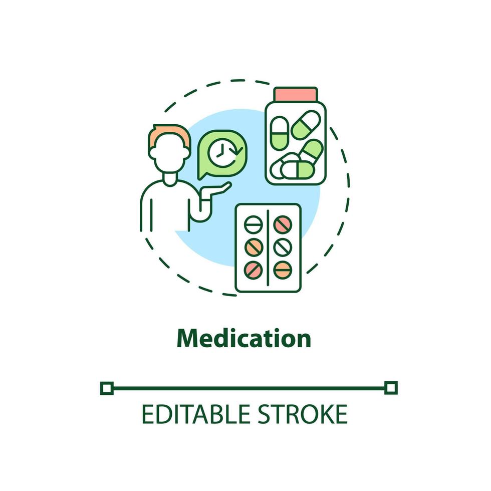 Medication concept icon. Treatment for ADHD in adults abstract idea thin line illustration. Stimulant, nonstimulant drug. Antidepressants intake. Vector isolated outline color drawing. Editable stroke