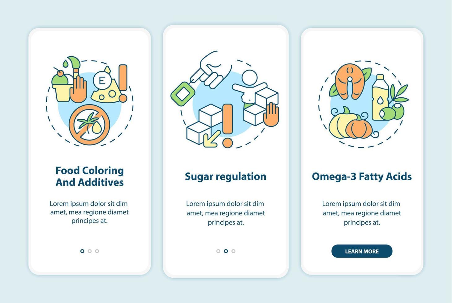 Diet and hyperactive behavior onboarding mobile app page screen. Sugar regulation walkthrough 3 steps graphic instructions with concepts. UI, UX, GUI vector template with linear color illustrations