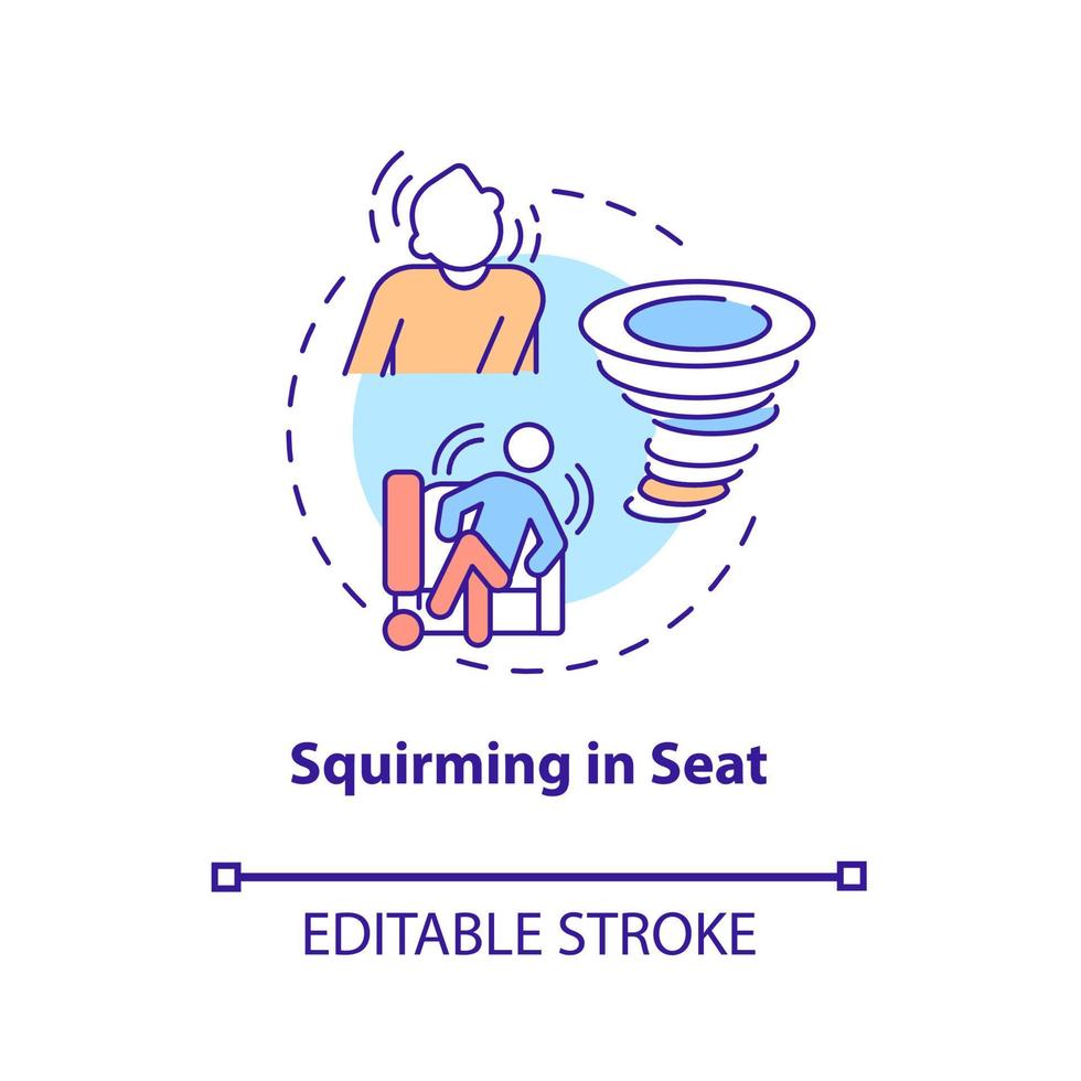 Squirming in seat concept icon. Hyperactive-impulsive symptom abstract idea thin line illustration. Restless kid behaviour. Excessive fidgeting. Vector isolated outline color drawing. Editable stroke