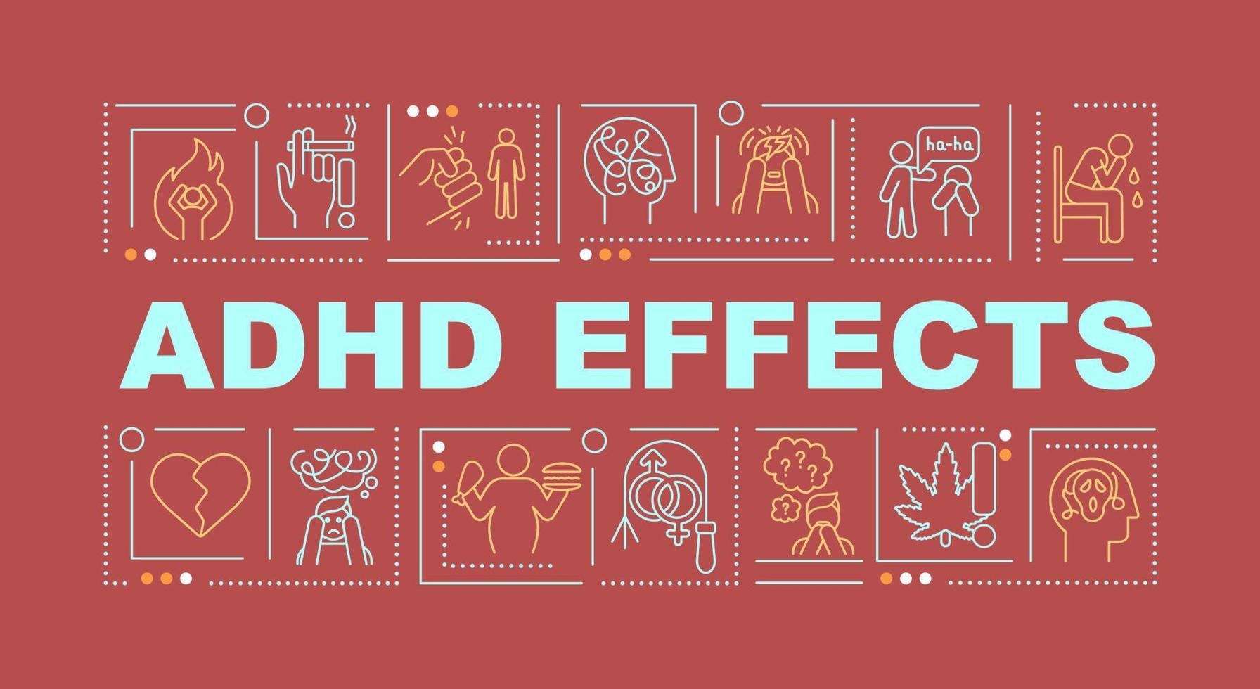 ADHD effects word concepts banner. Weight problems. Impulsive behavior. Infographics with linear icons on red background. Isolated creative typography. Vector outline color illustration with text