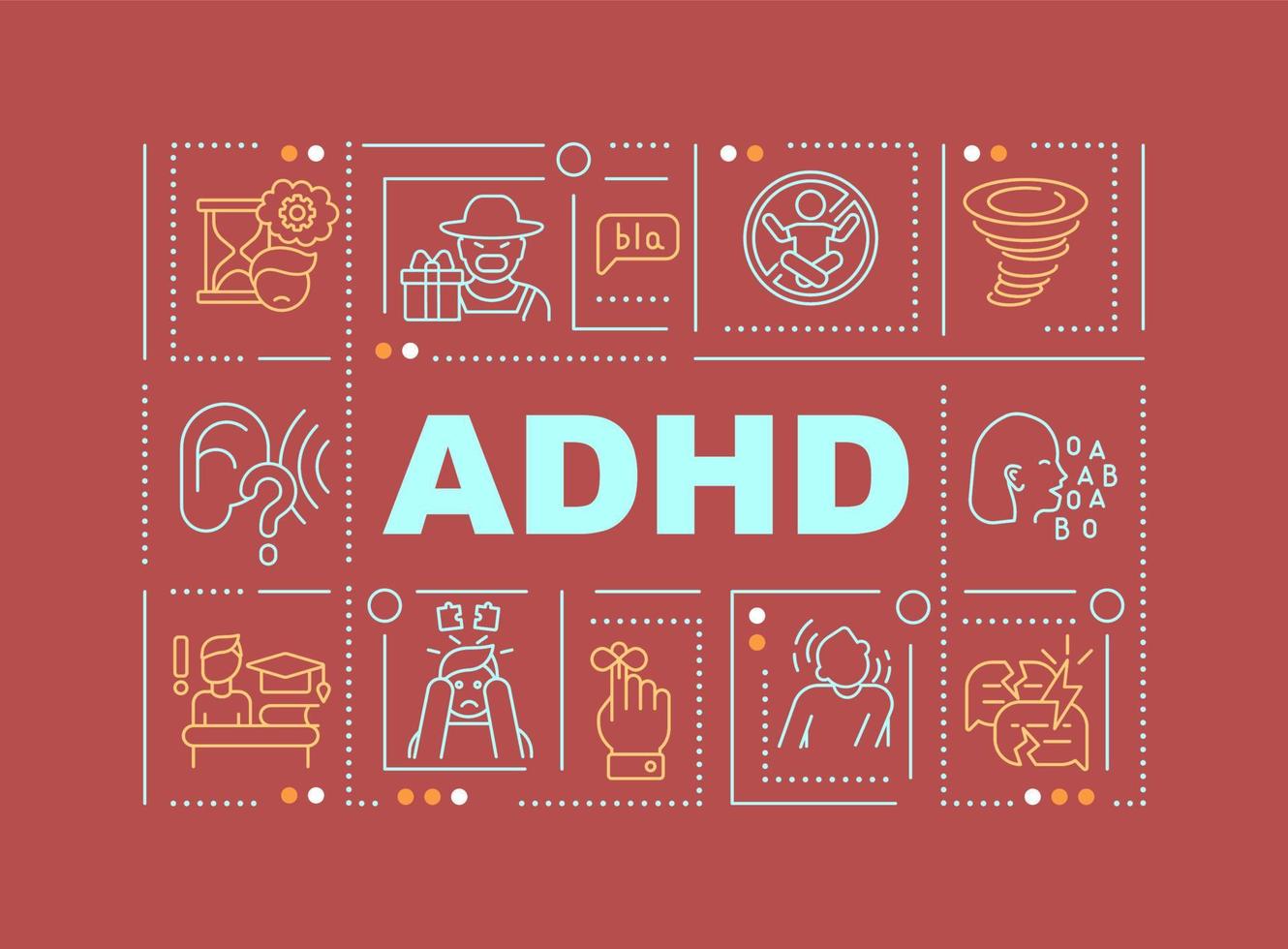 banner de conceptos de palabras de síntomas de adhd. trastorno mental infantil. infografías con iconos lineales sobre fondo rojo. tipografía creativa aislada. ilustración de color de contorno vectorial con texto vector