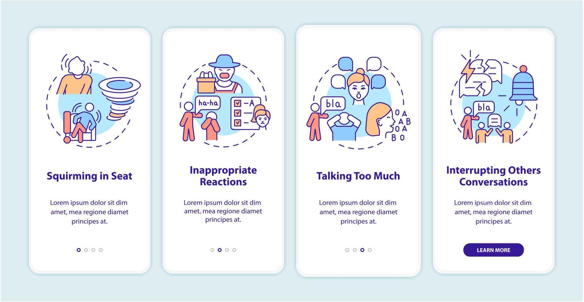 Hyperactive-impulsive symptoms onboarding mobile app page screen. Squirming in seat walkthrough 4 steps graphic instructions with concepts. UI, UX, GUI vector template with linear color illustrations