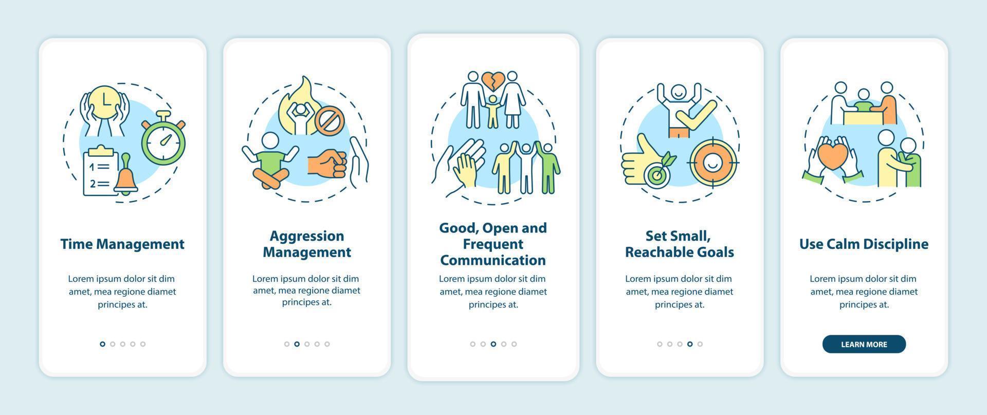 Parenting tips for ADHD onboarding mobile app page screen. Time management walkthrough 5 steps graphic instructions with concepts. UI, UX, GUI vector template with linear color illustrations