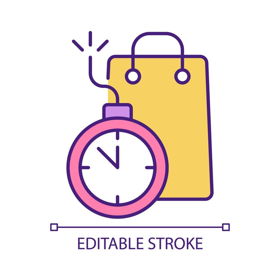 Scarcity and urgency RGB color icon. Shopping bag and bomb with clock. Promotion campaign. Digital marketing. Isolated vector illustration. Simple filled line drawing. Editable stroke. Arial font used