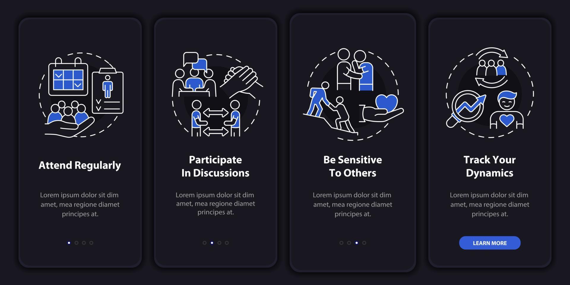 Support group effectiveness night mode onboarding mobile app screen. Walkthrough 4 steps graphic instructions pages with linear concepts. UI, UX, GUI template. Myriad Pro-Bold, Regular fonts used vector