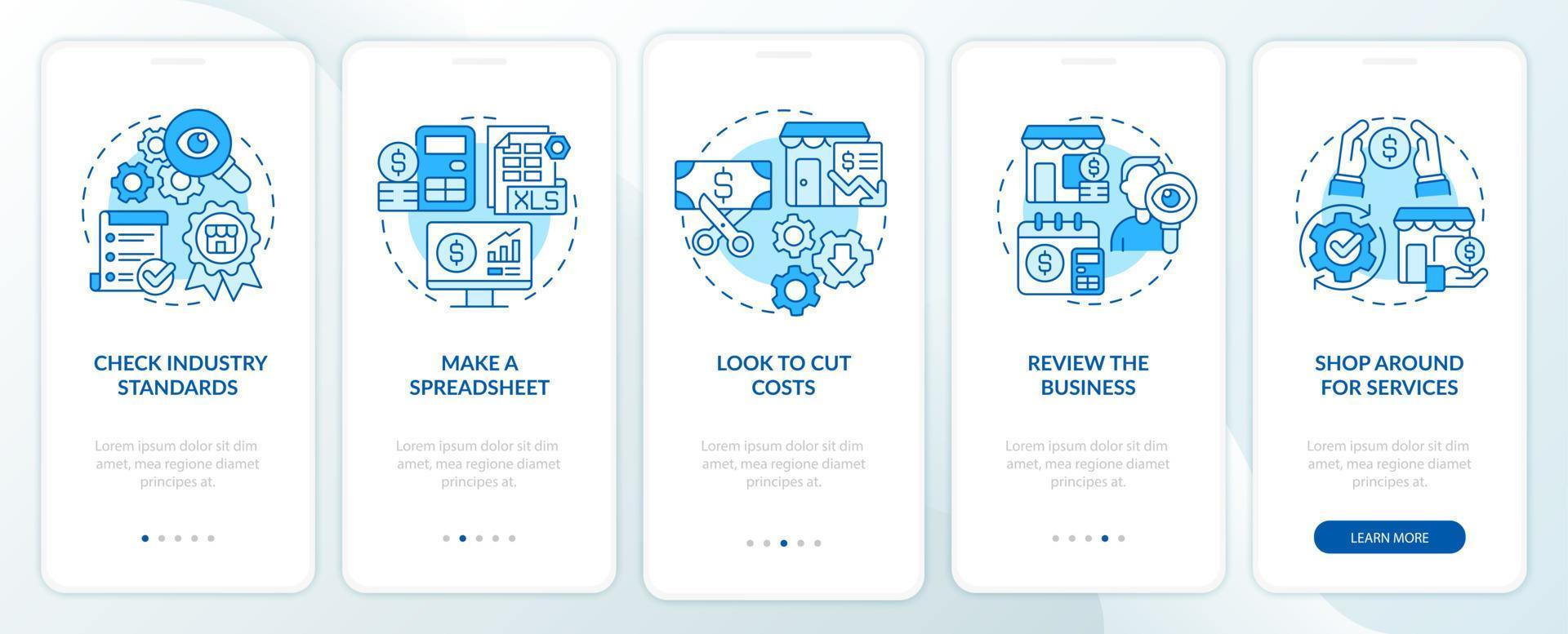 Budgeting for small business blue onboarding mobile app screen. Walkthrough 5 steps graphic instructions pages with linear concepts. UI, UX, GUI template. Myriad Pro-Bold, Regular fonts used vector