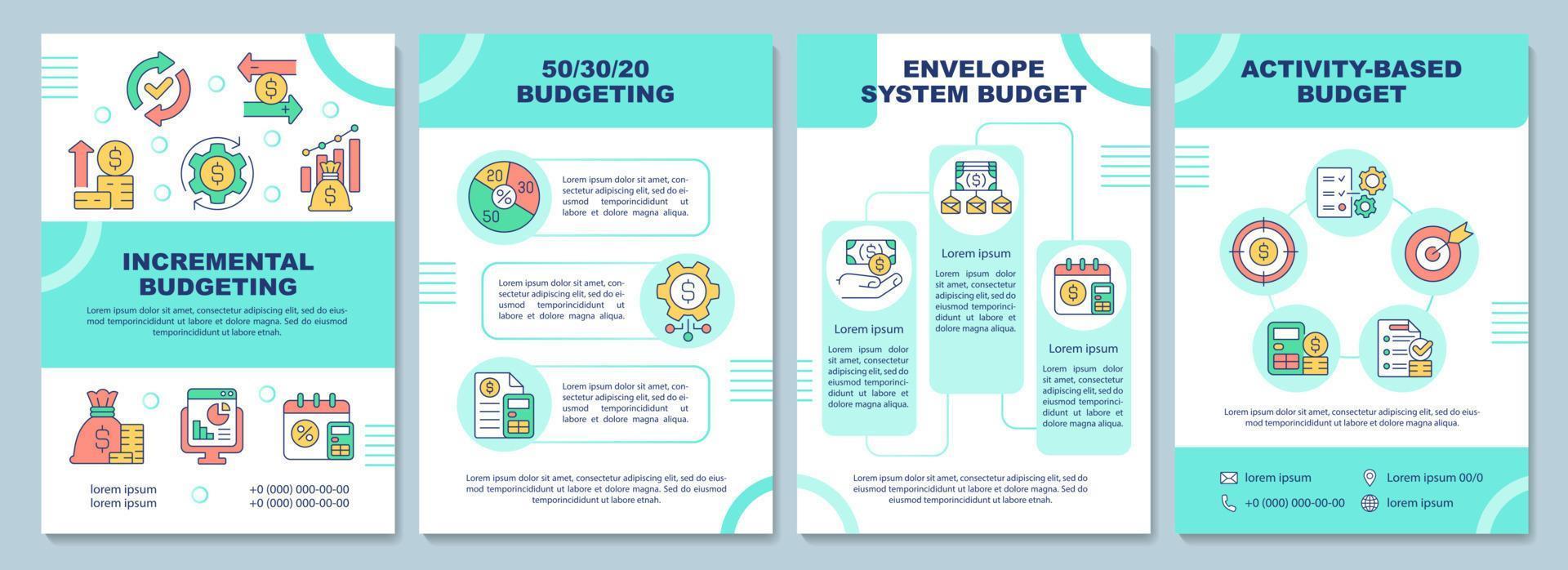 Budgeting methods brochure template. Planning approach. Booklet print design with linear icons. Vector layouts for presentation, annual reports, ads. Arial-Black, Myriad Pro-Regular fonts used