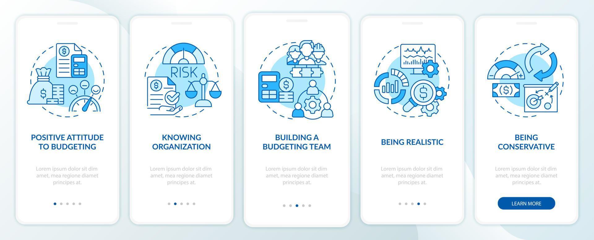Budgeting blue onboarding mobile app screen. Financial plan for business walkthrough 5 steps graphic instructions pages with linear concepts. UI, UX, GUI template. Myriad Pro-Bold, Regular fonts used vector