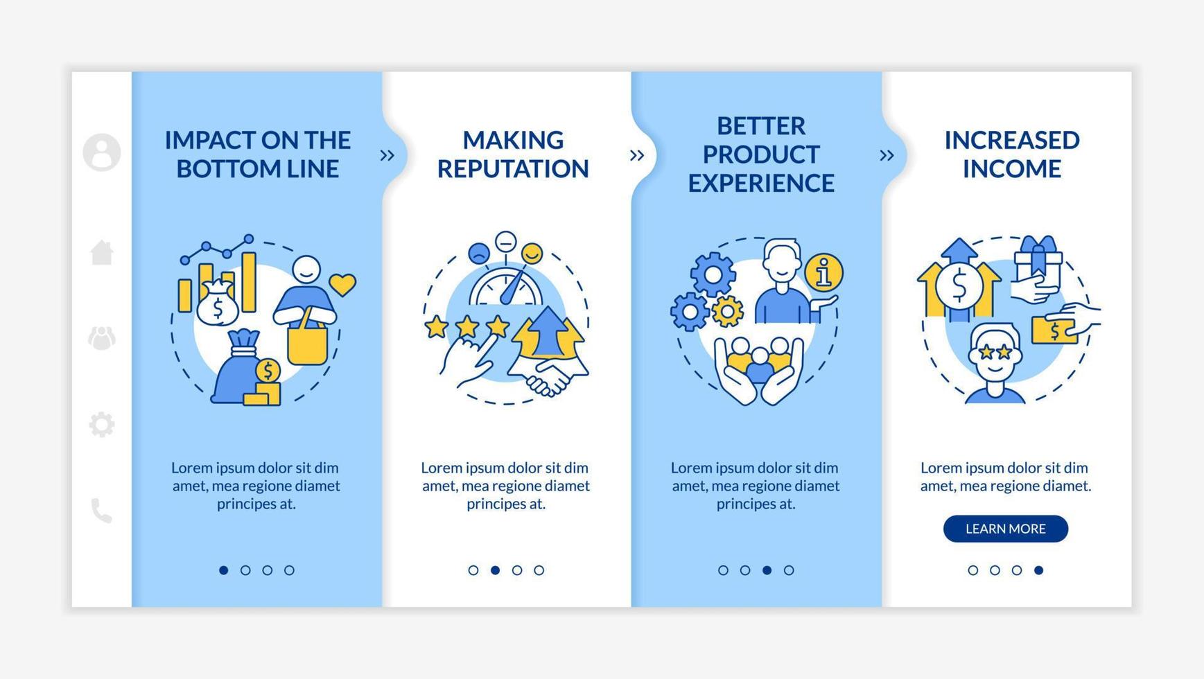 Benefits of customer service blue and white onboarding template. Responsive mobile website with linear concept icons. Web page walkthrough 4 step screens. Lato-Bold, Regular fonts used vector