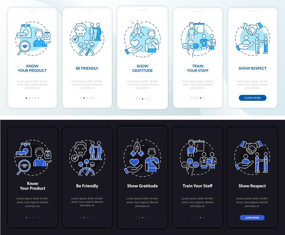 Customer service night and day mode onboarding mobile app screen. Walkthrough 5 steps graphic instructions pages with linear concepts. UI, UX, GUI template. Myriad Pro-Bold, Regular fonts used vector