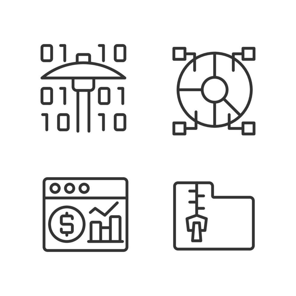Financial data mining linear perfect pixel icons set. Processing digital information. Research new development ways. Customizable thin line contour symbols. Isolated vector outline illustrations