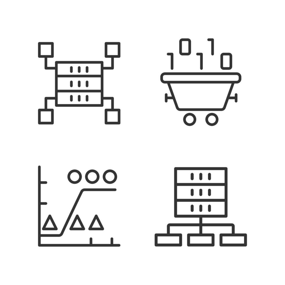 Dataset processing linear perfect pixel icons set. Data mining and storage. Statistic information analyzing. Customizable thin line contour symbols. Isolated vector outline illustrations