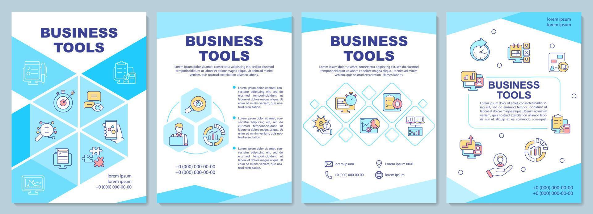 Business tools brochure template. Entrepreneurship. Booklet print design with linear icons. Vector layouts for presentation, annual reports, ads. Arial-Black, Myriad Pro-Regular fonts used