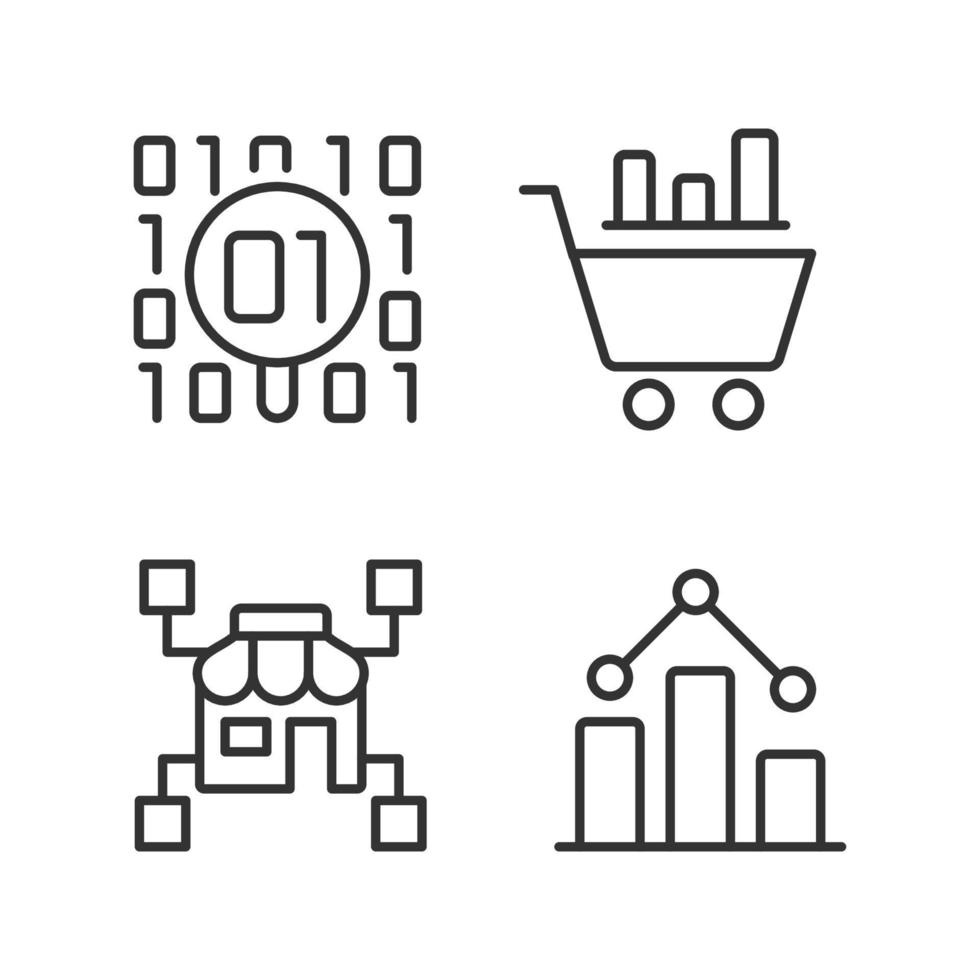 Retail data mining and analytics linear perfect pixel icons set. Virtual marketing researching. Digital business tools. Customizable thin line contour symbols. Isolated vector outline illustrations
