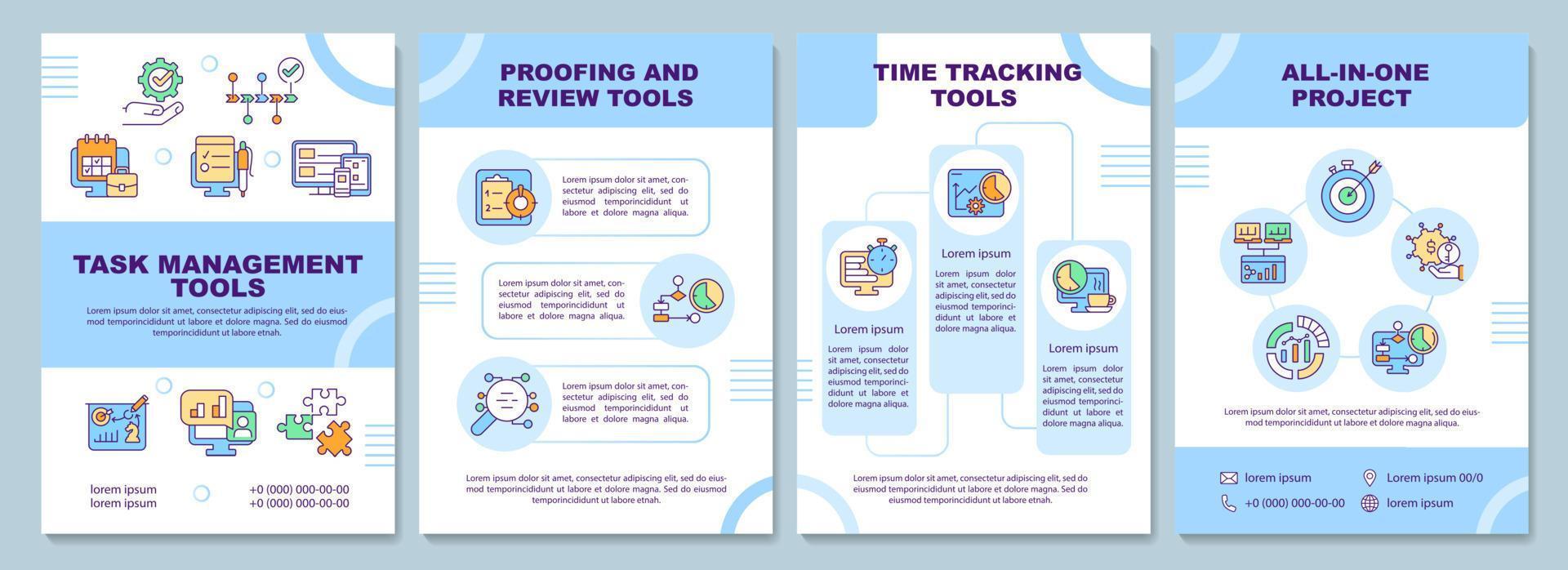 Business tools types brochure template. Management software. Booklet print design with linear icons. Vector layouts for presentation, annual reports, ads. Arial-Black, Myriad Pro-Regular fonts used