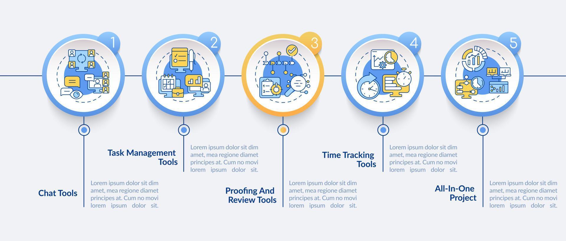 Business tools types circle infographic template. Task management. Data visualization with 5 steps. Process timeline info chart. Workflow layout with line icons. Lato-Bold, Regular fonts used vector