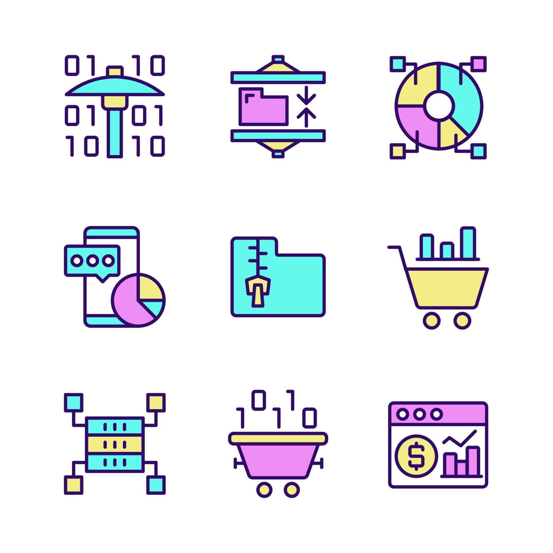 Data mining processes RGB color pixel perfect icons set. Machine ...