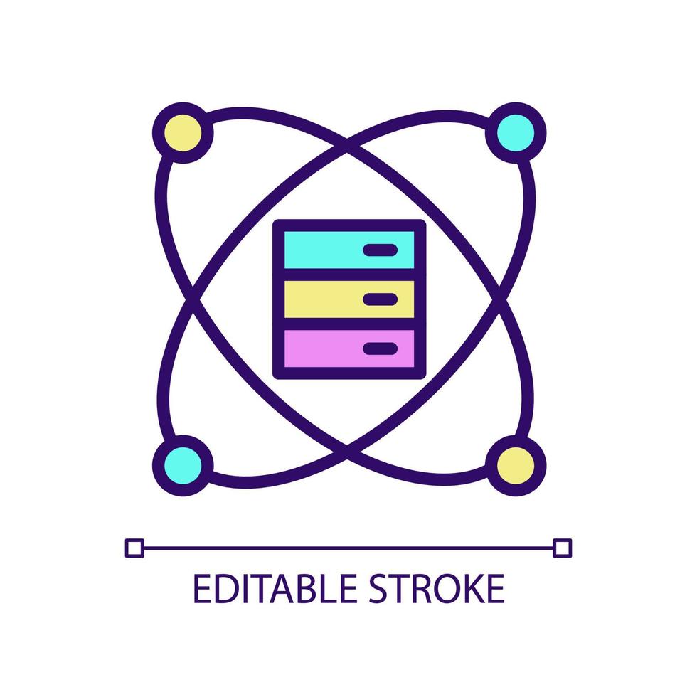 Scientific data mining RGB color pixel perfect icon. Dataset of researching works. Virtual data server. Isolated vector illustration. Simple filled line drawing. Editable stroke. Arial font used