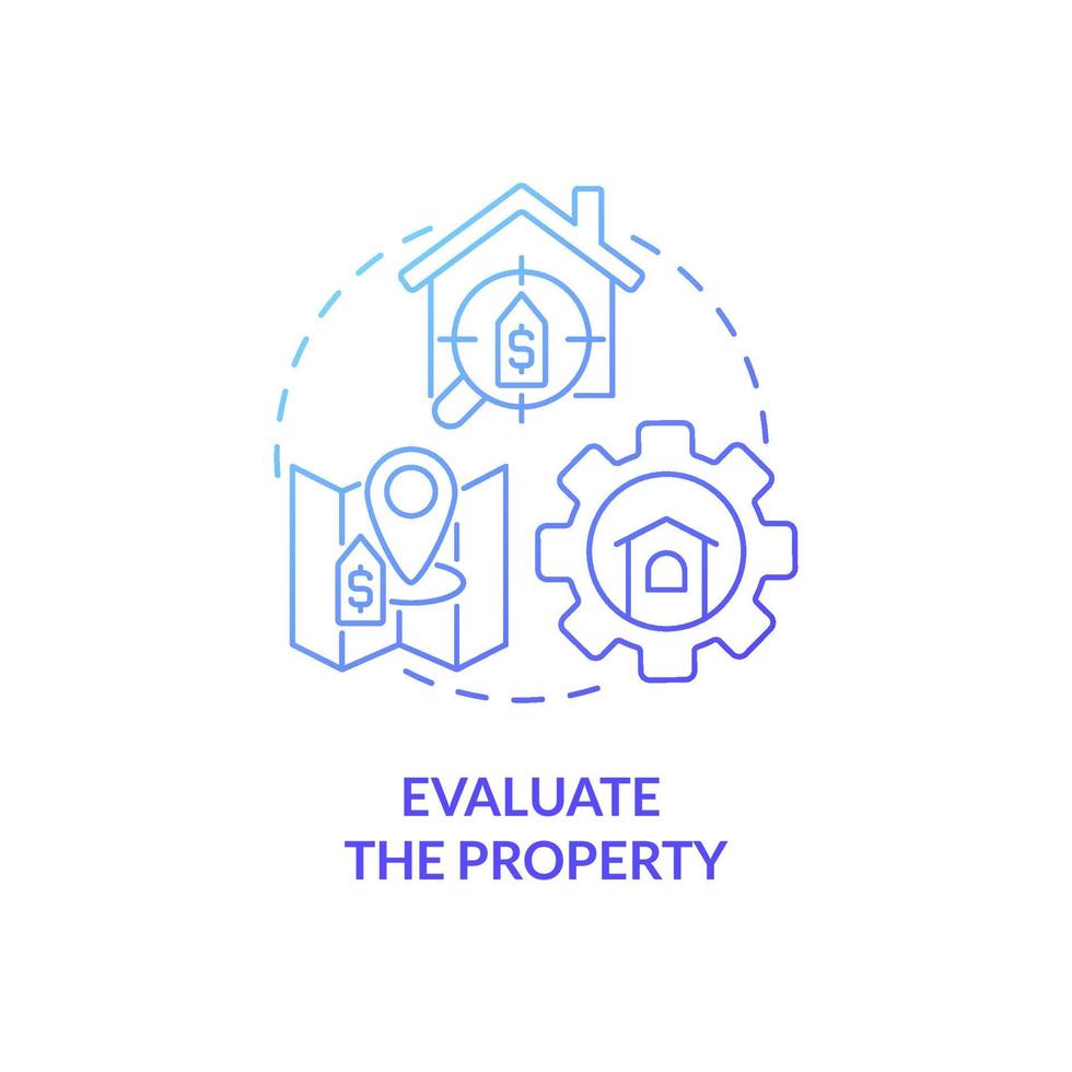 evaluar propiedad icono de concepto de gradiente azul. servicio de gestión inmobiliaria de alquiler idea abstracta ilustración de línea delgada. dibujo de contorno aislado. roboto-medium, innumerables fuentes pro-bold utilizadas vector