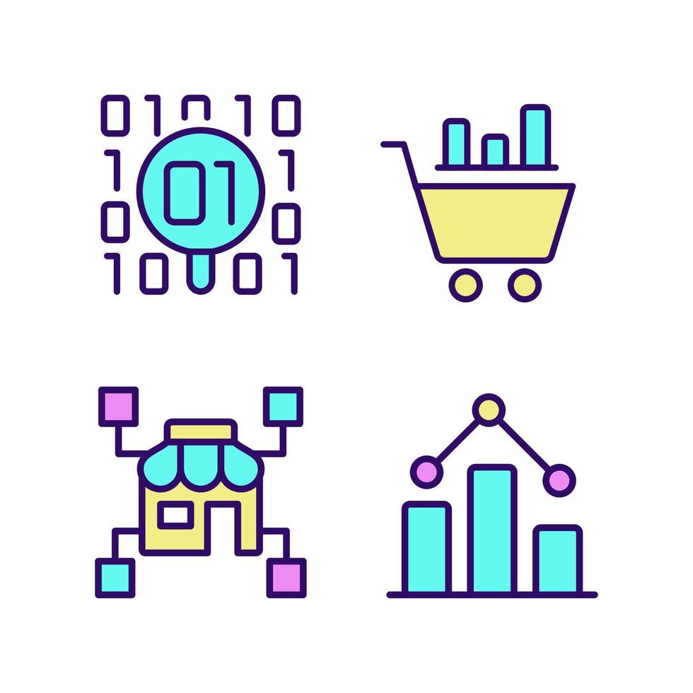 Retail data mining and analytics RGB color pixel perfect icons set. Virtual marketing researching. Digital business tools. Isolated vector illustrations. Simple filled line drawings collection