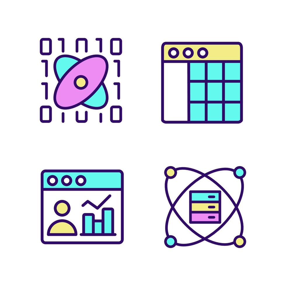 Science data mining RGB color pixel perfect icons set. Tools for virtual researching. Engineering system and digital technology. Isolated vector illustrations. Simple filled line drawings collection