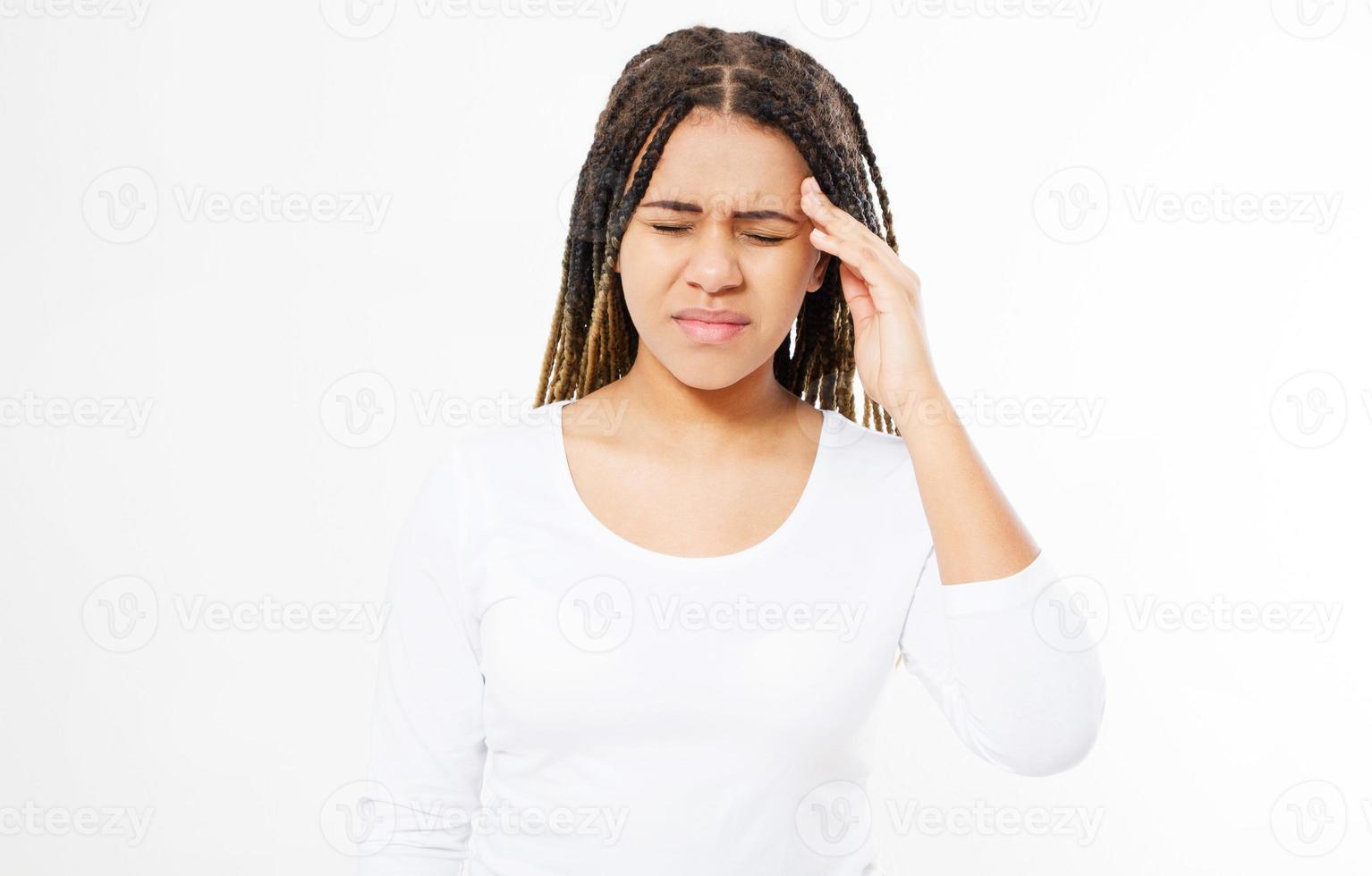 black girl with a headache isolated on white background, suffering woman photo