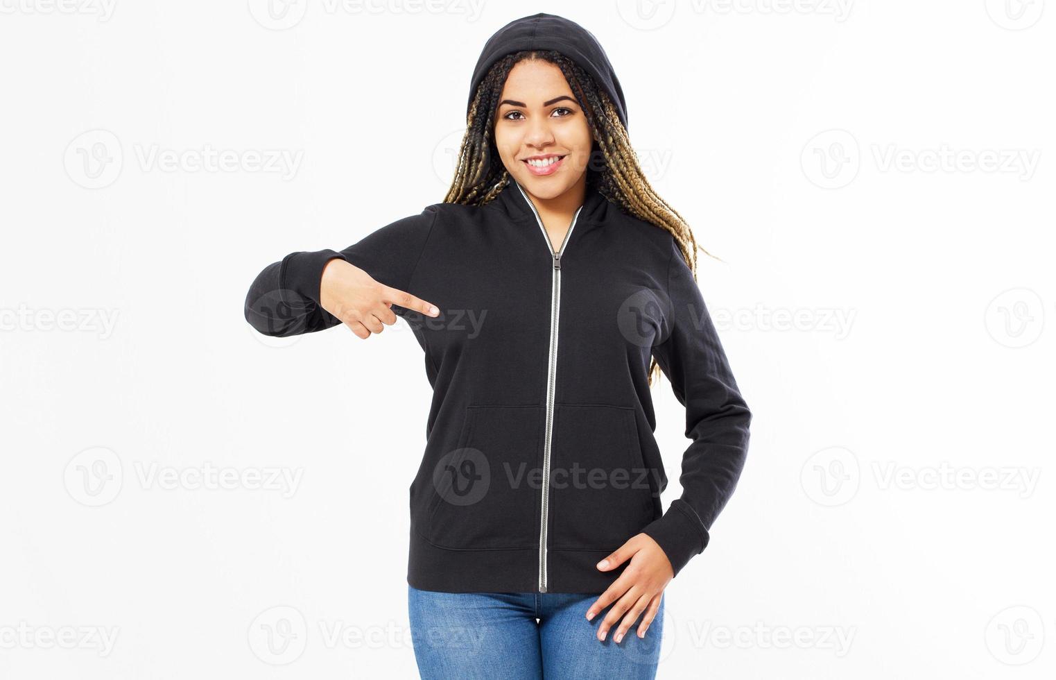 Afro american woman in black hoodie pointing hands at it, girl in sweatshirt mock up photo