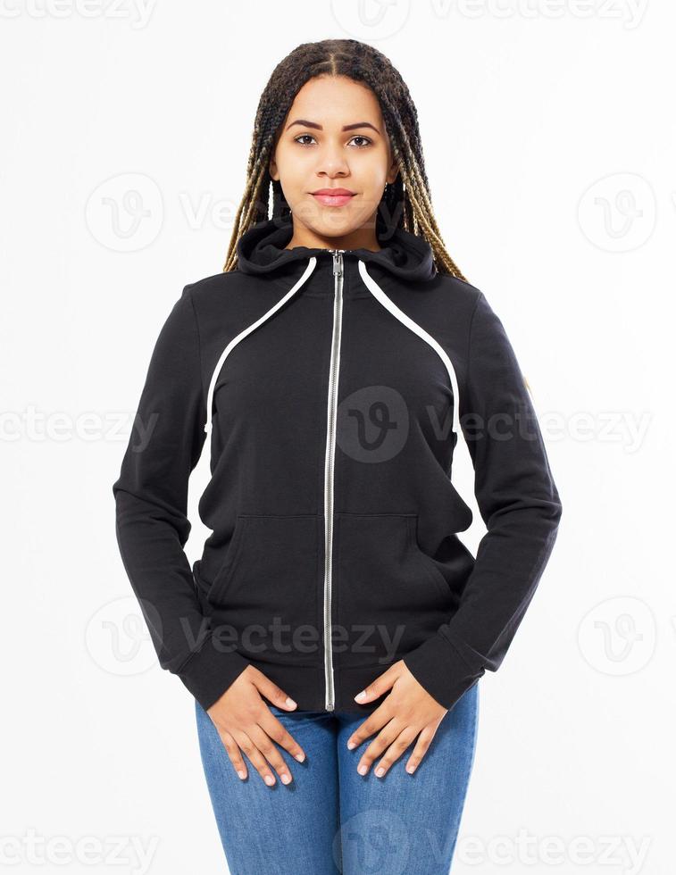 Front black sweatshirt view. Afro woman show on template clothes for print and copy space isolated on white background. Mockup photo