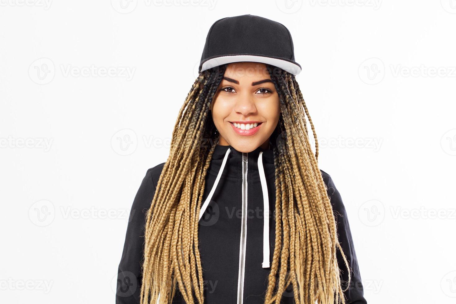 Portrait young happy afro american woman with dreadlocks hair and blank cap in hoodie - mockup photo